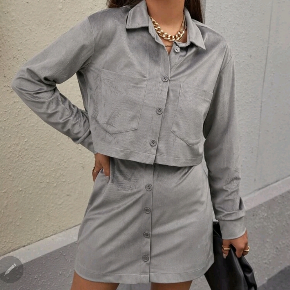 Pocket Front Velvet Jacket & Button Fly Skirt Set